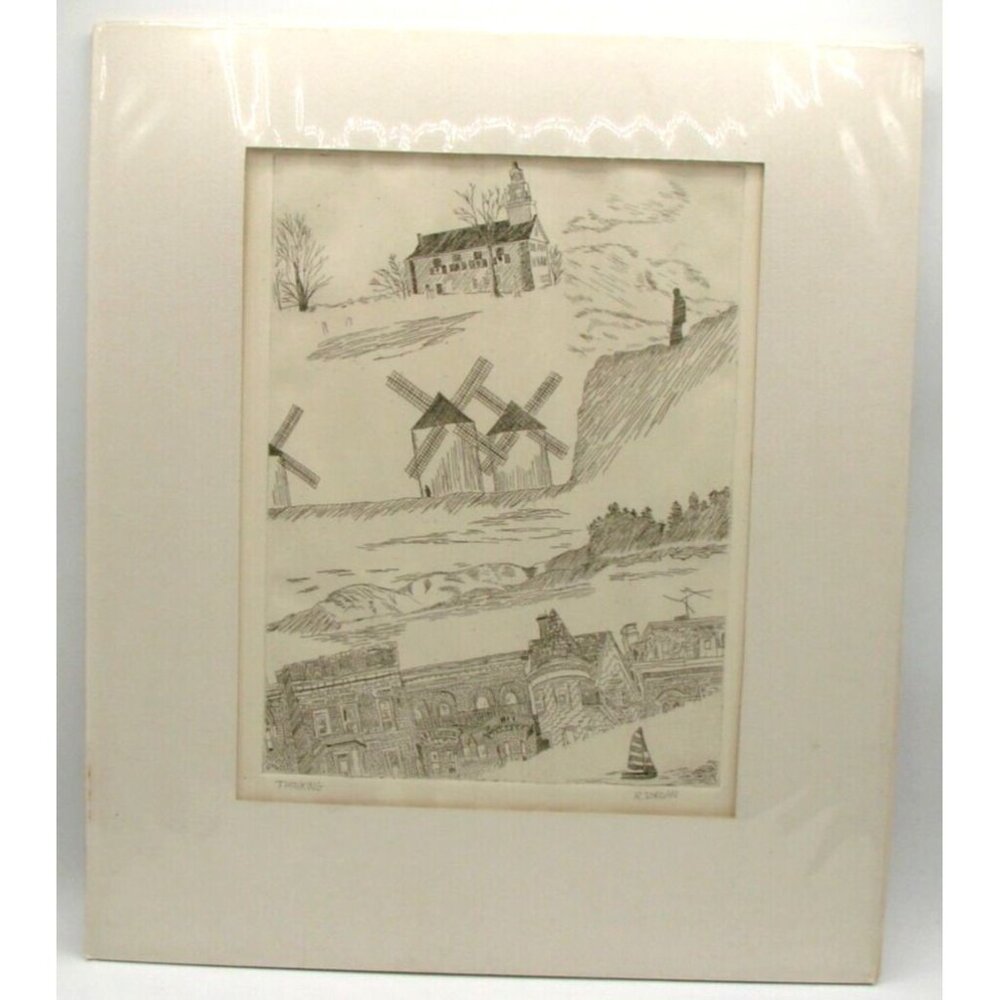 Thinking Signed Artist R. Jordan Windmill Church Village Pencil Art Drawings Mat